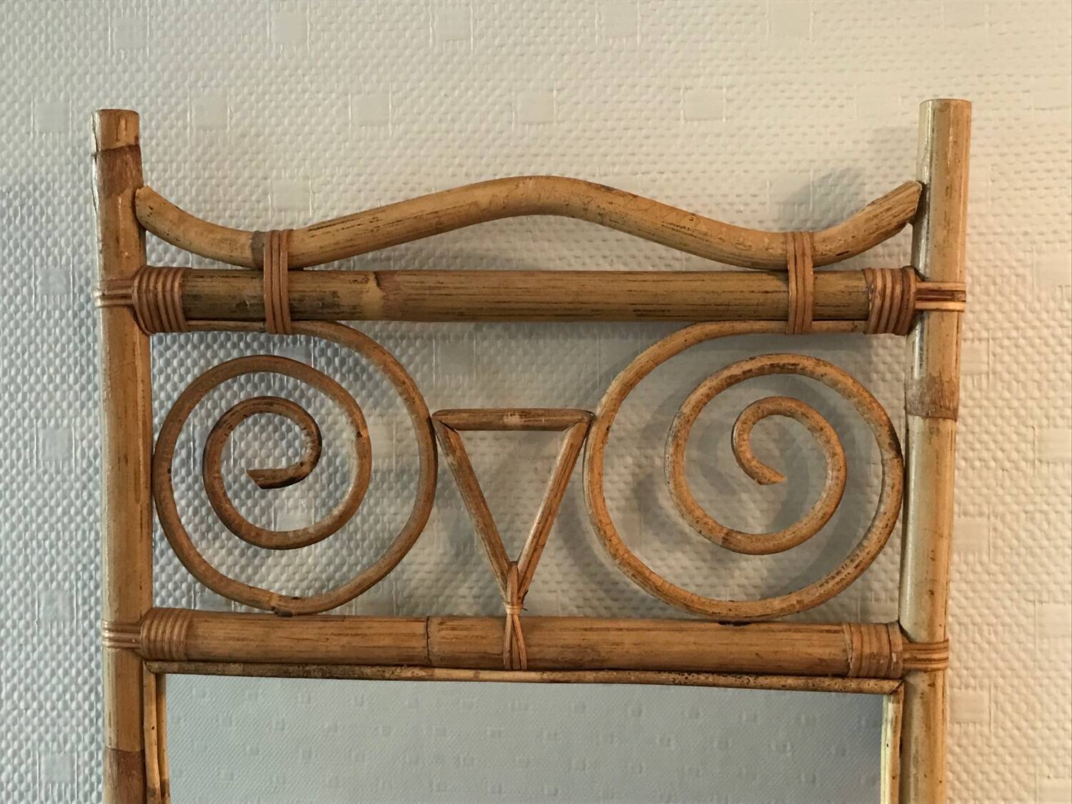 old rattan bamboo mirror owl shape vintage owl