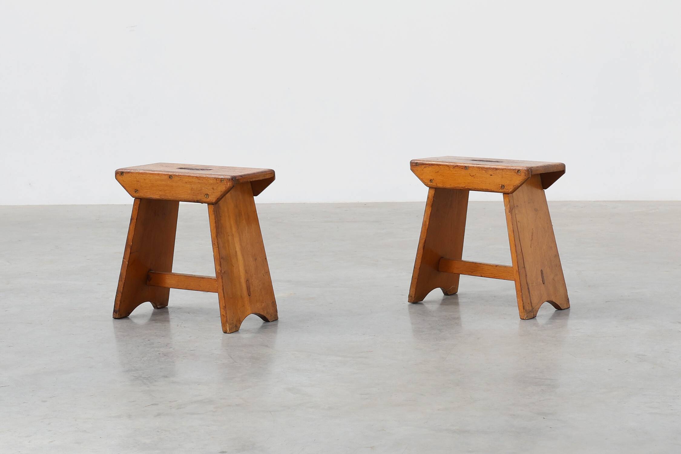 Rustic Pine Stool with Cut-Out Trestle Legs, Sweden, circa 1920