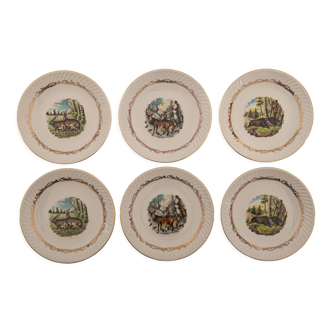 6 Flat earthenware plates decoration of the forest rabbit deer boar vintage 1960
