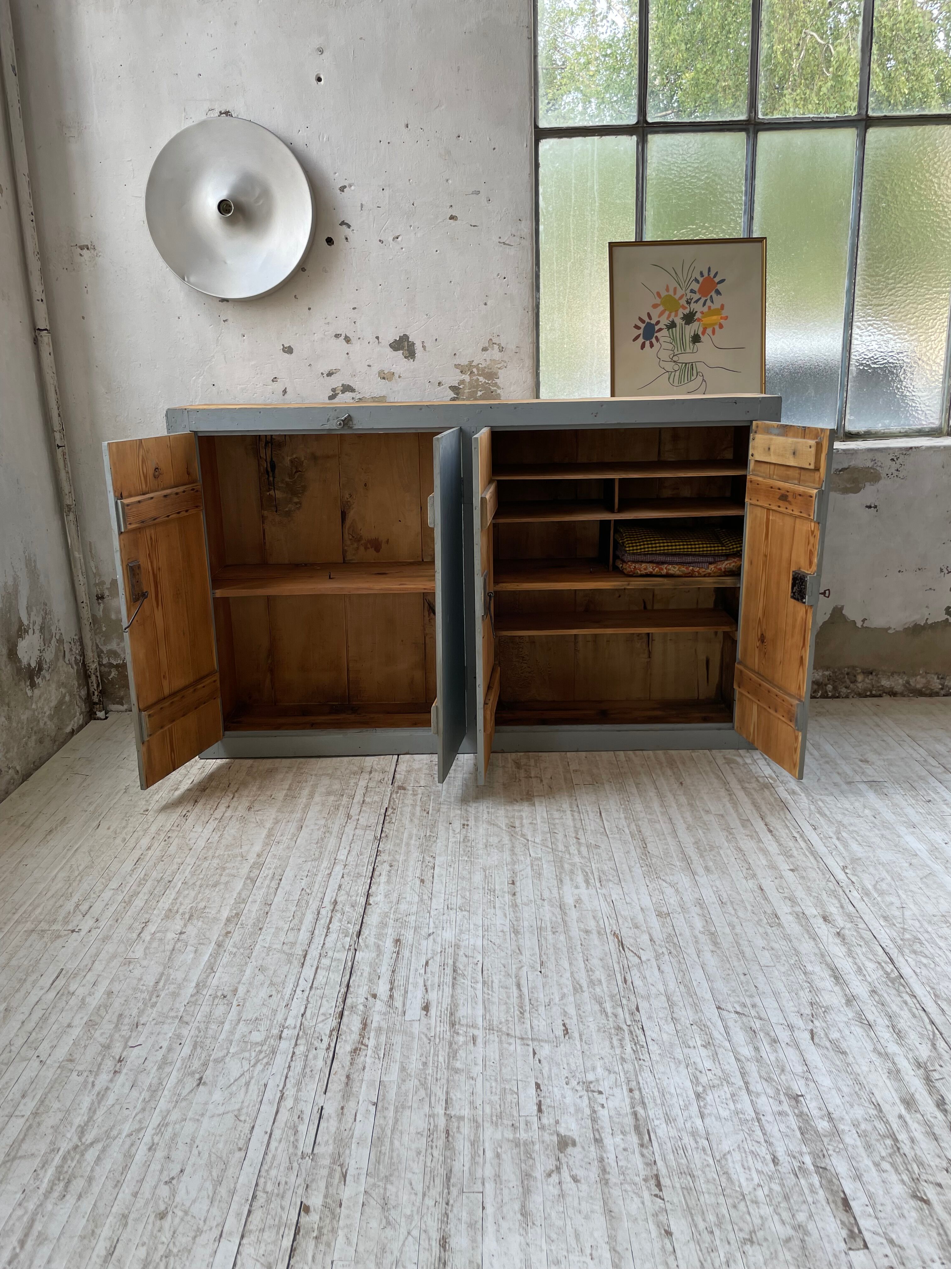 Factory blue patinated workshop furniture