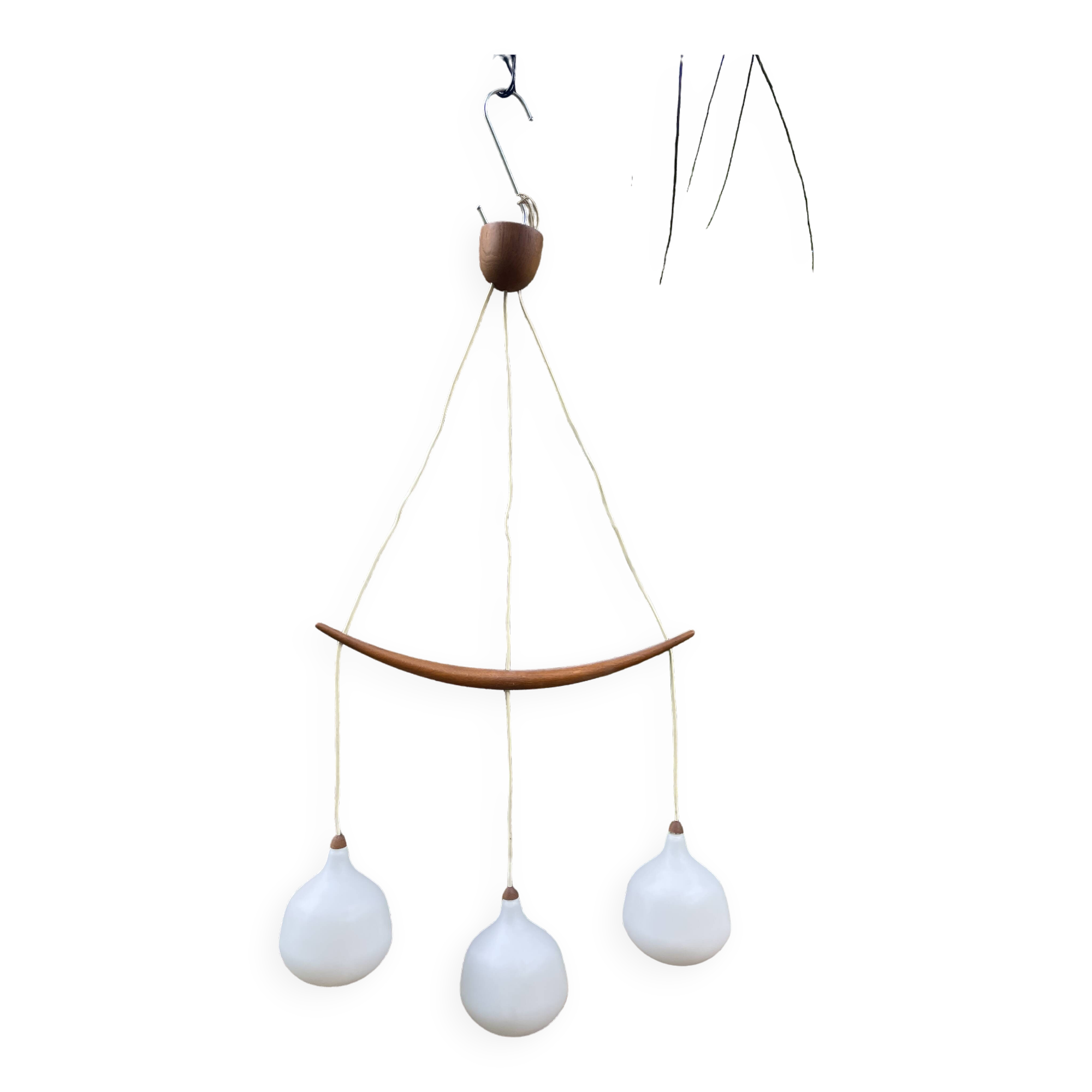 Scandinavian triple pendant light in Opaline and oak by Uno & Östen Kristiansson.