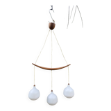 Scandinavian triple pendant light in Opaline and oak by Uno & Östen Kristiansson.