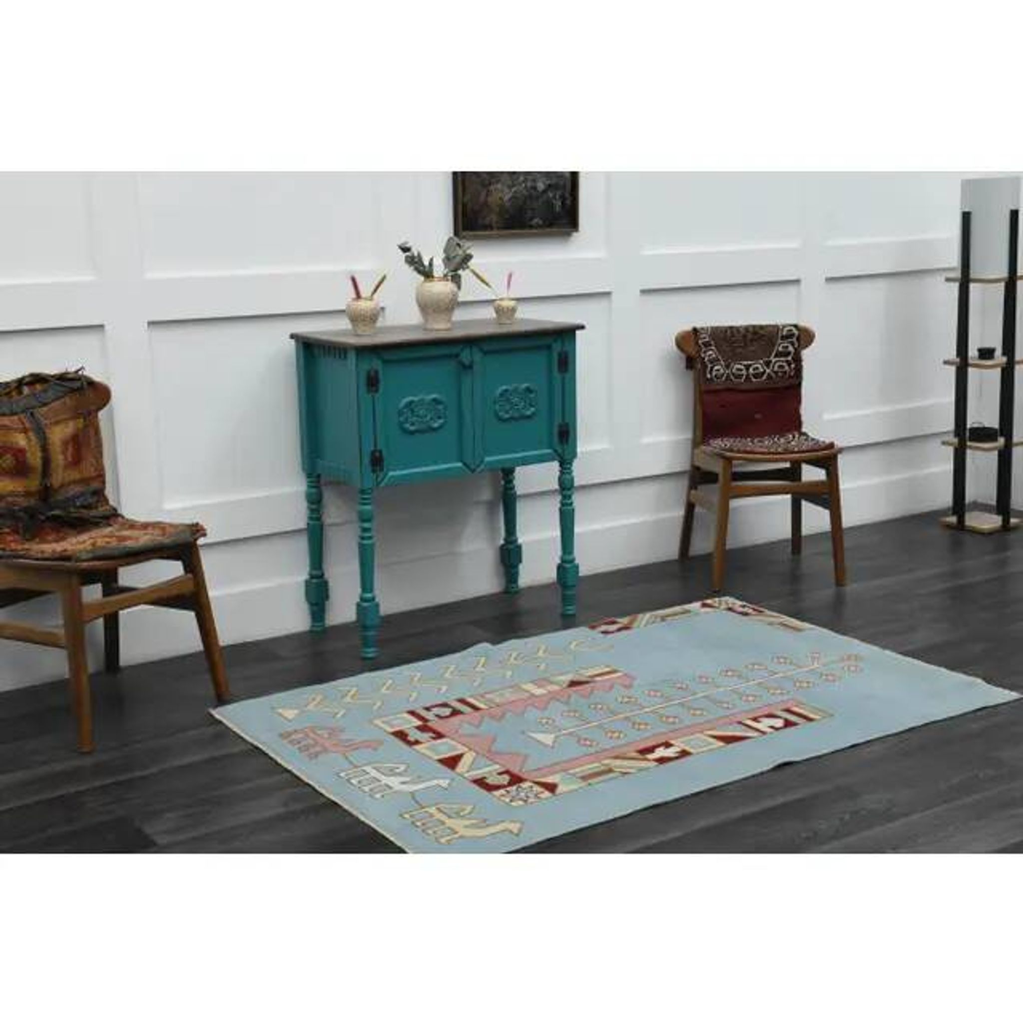 1970s Vintage Turkish Handmade Wool & Cotton Blue Area Rug 116x178