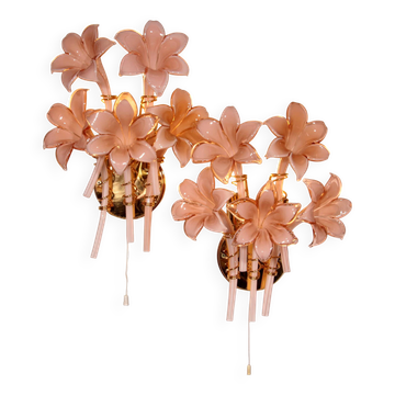 Pink lily spectacular Murano wall lamps by Franco Luce 1970