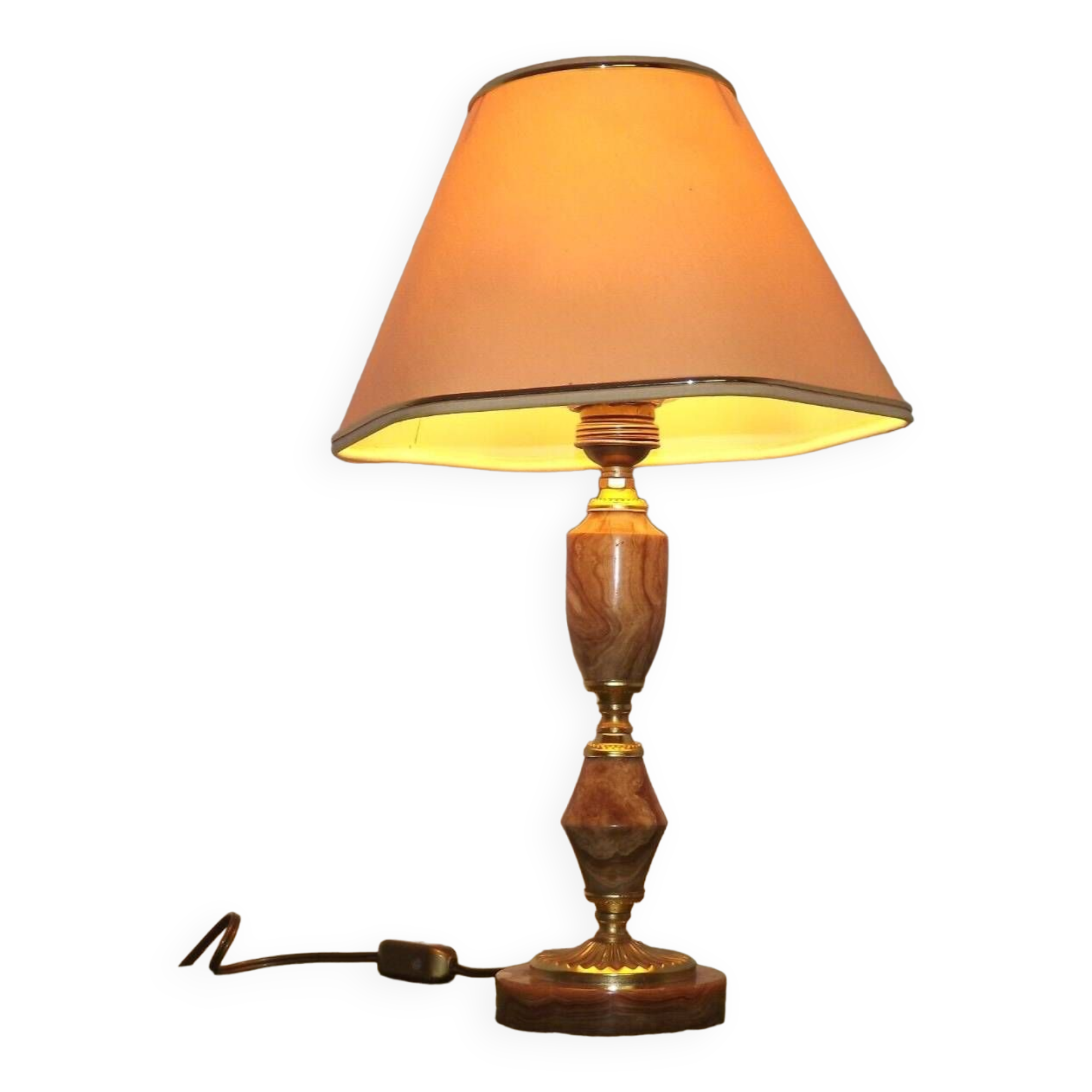 French vintage round brown marble table lamp gold detail beige fabric shade 4059