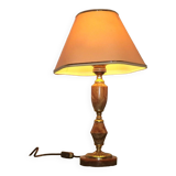 French vintage round brown marble table lamp gold detail beige fabric shade 4059