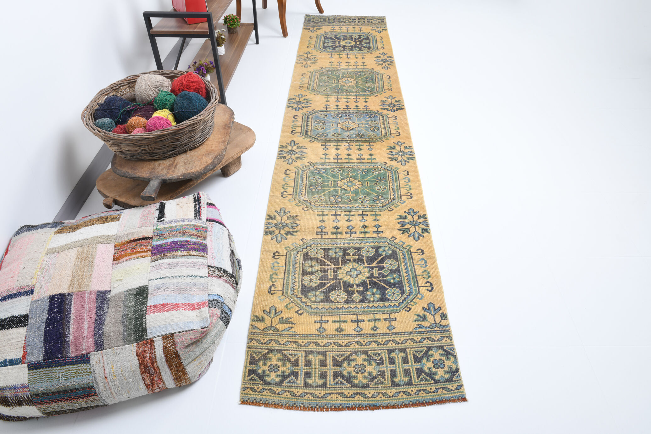 Pale orange & blue turkish runner rug 72x341cm