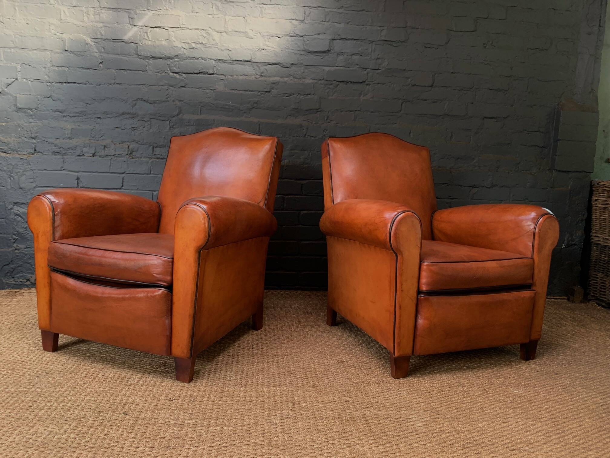 French leather club chair, chapeau de gendarme model circa 1930's in caramel