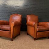 French leather club chair, chapeau de gendarme model circa 1930's in caramel