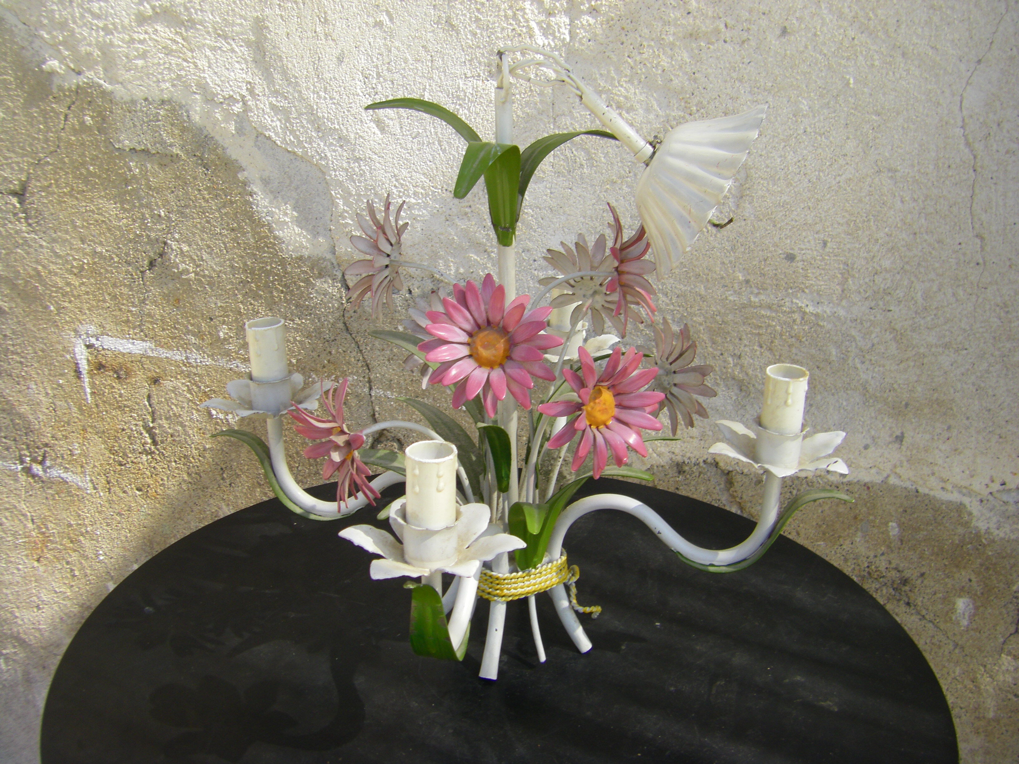Vintage chandelier in painted sheet metal with flowers