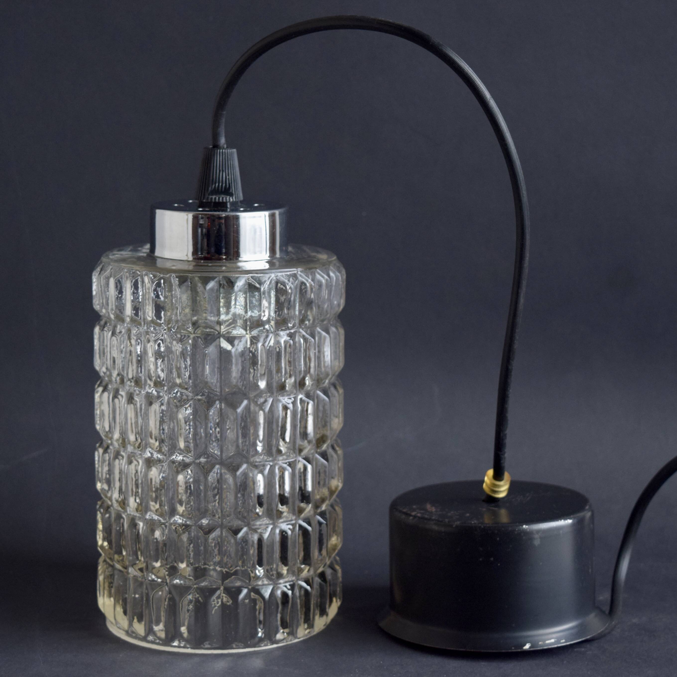 Vintage pendant light in textured molded glass and chrome metal