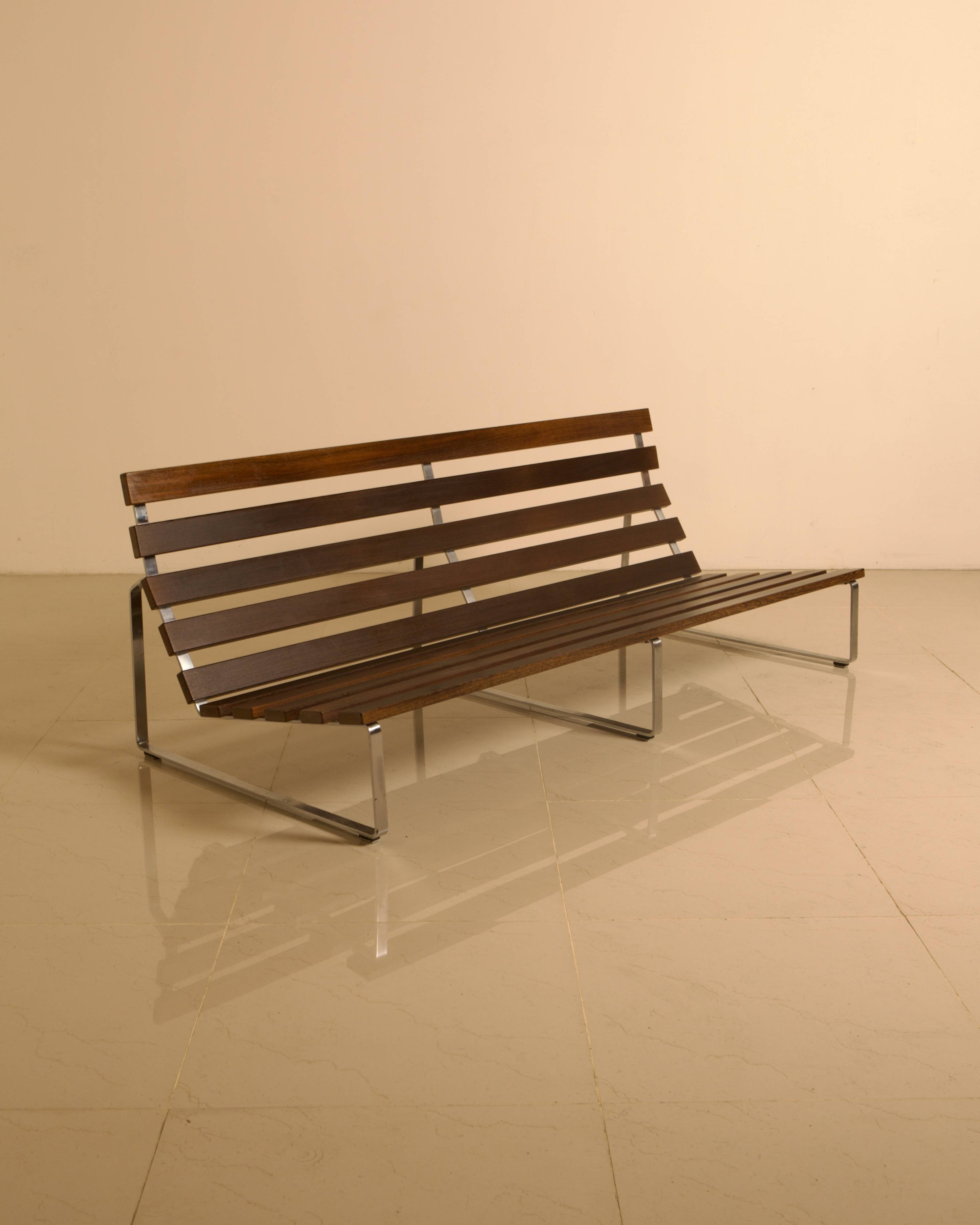 Unique Dutch bench in black leather with a steel and wenge structure from the 60s.