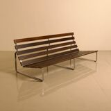 Unique Dutch bench in black leather with a steel and wenge structure from the 60s.