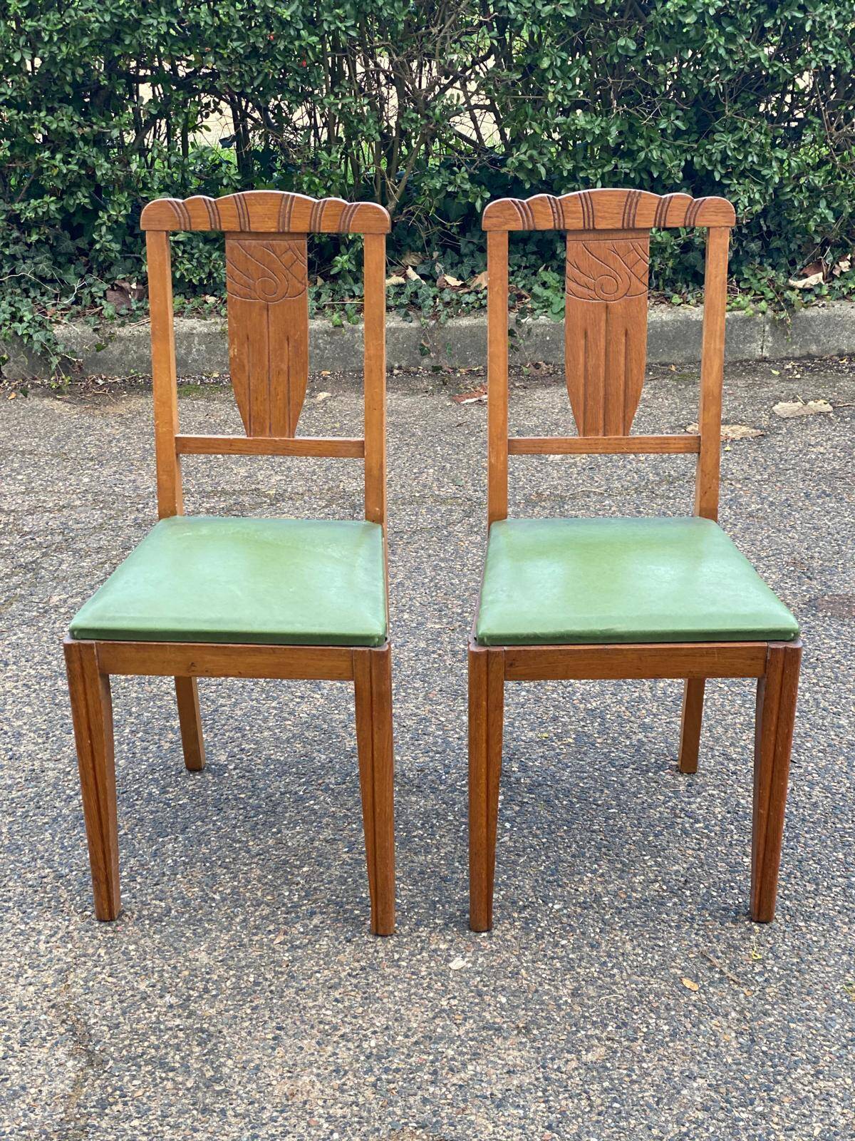 2 art deco dining room chairs in solid wood and green leather