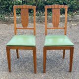 2 art deco dining room chairs in solid wood and green leather