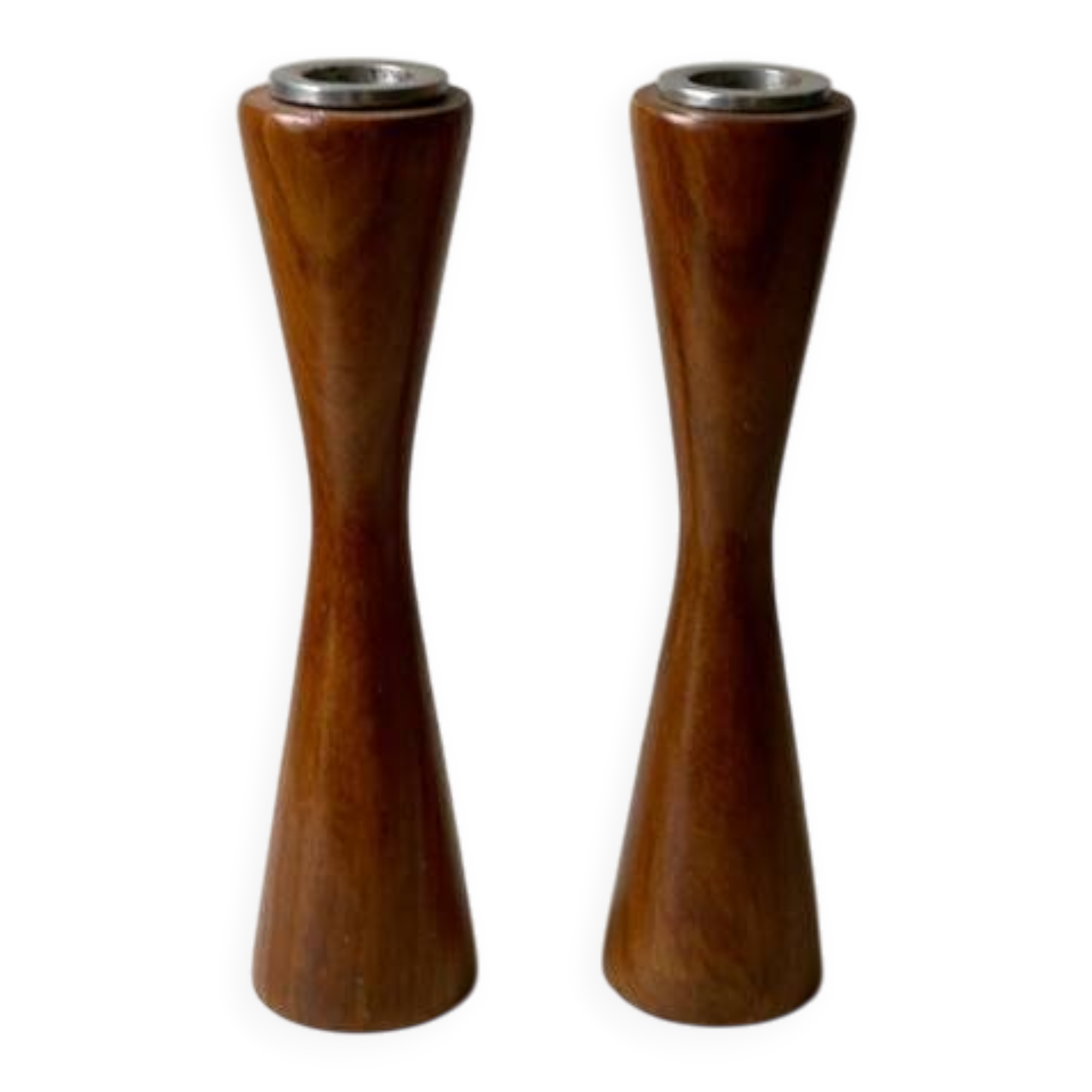 Lot de 2 bougeoirs scandinave diabolo en teck - design danois années 70
