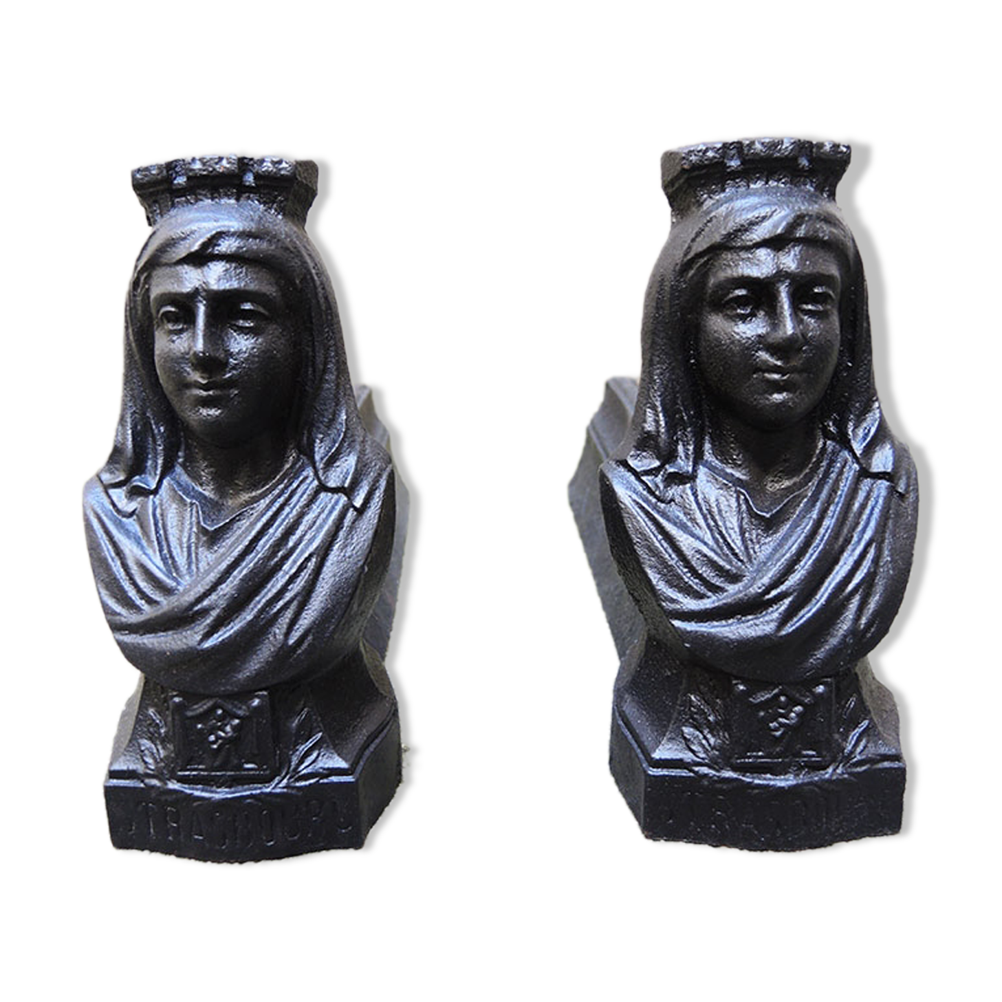Old cast iron chenets : woman from strasbourg
