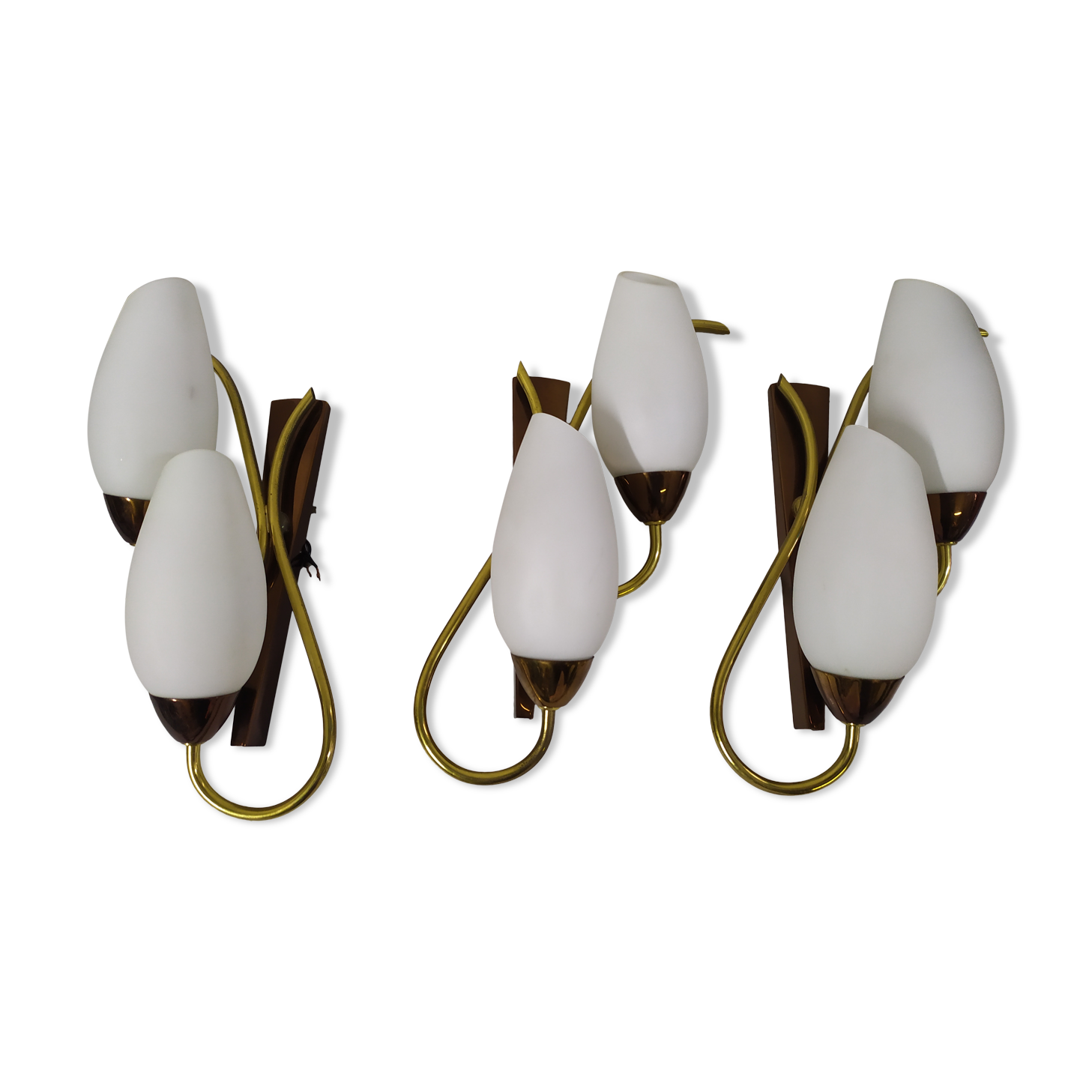 Lot de 3 applique mural tulipe opaline blanche laiton