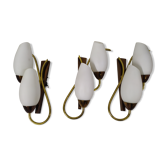 Lot of 3 brass white opaline tulip wall sconces