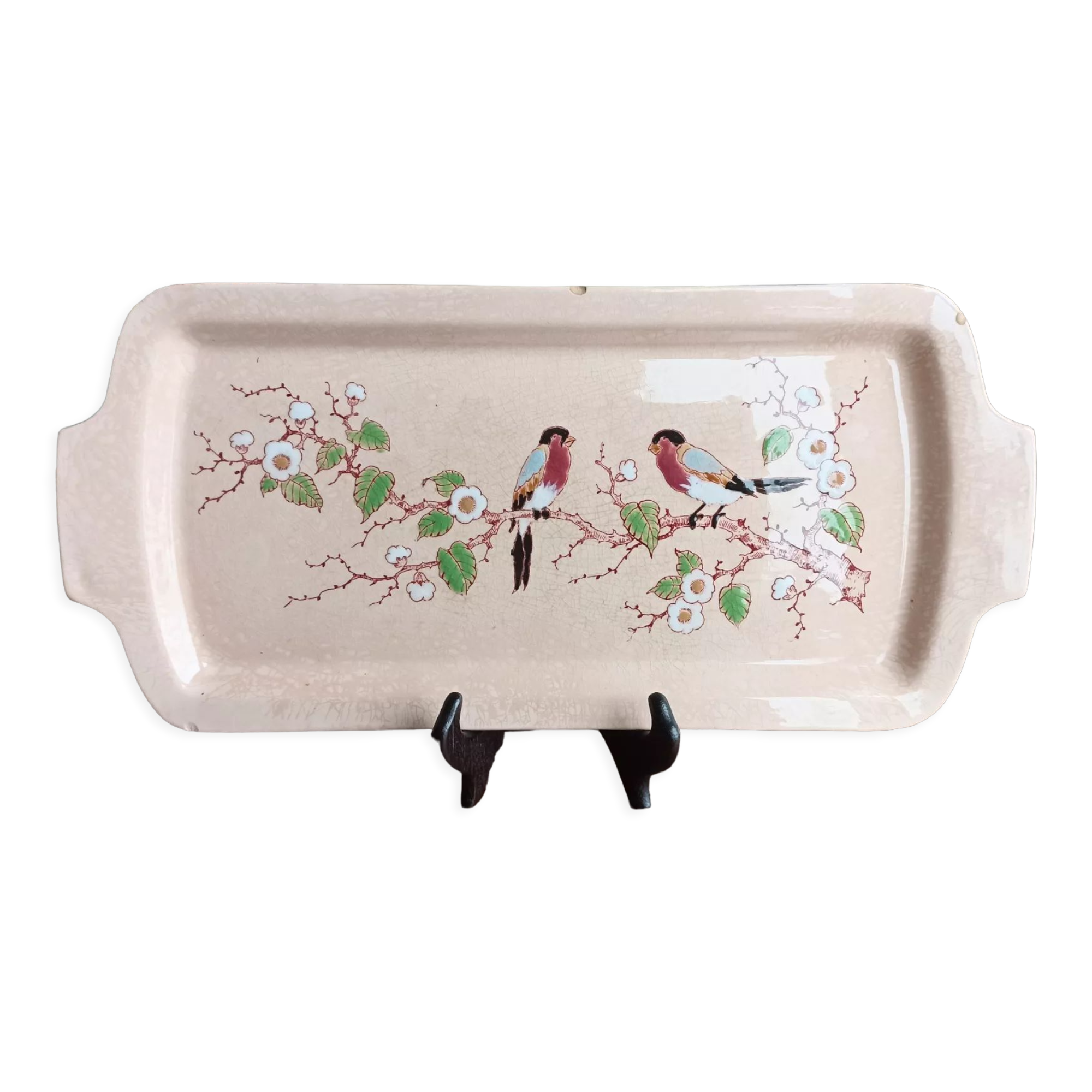 Art Deco cake dish by Longwy in pink earthenware and cloisonné enamels