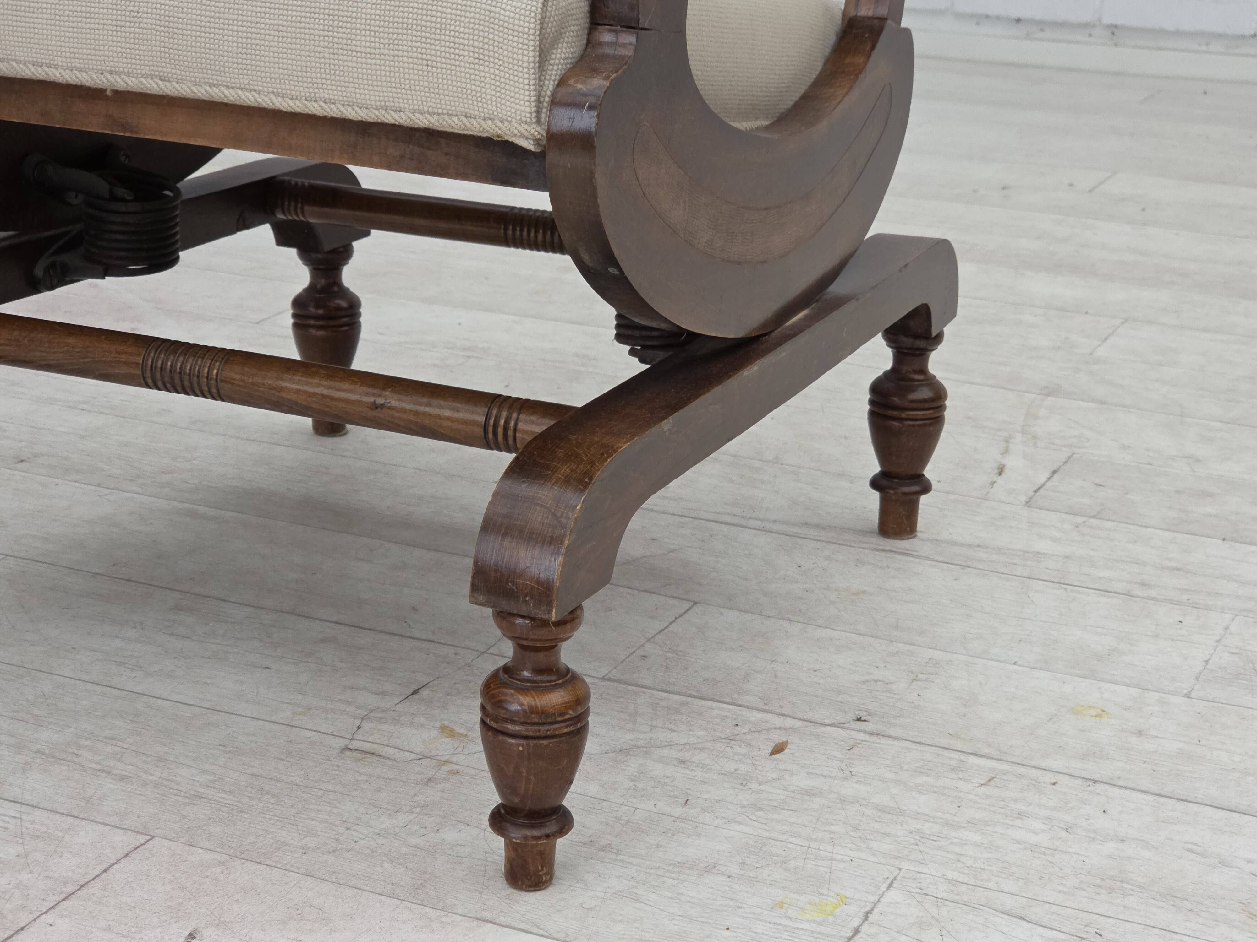 1930s, Danish highback rocking chair, original hand woven wool, ash wood.