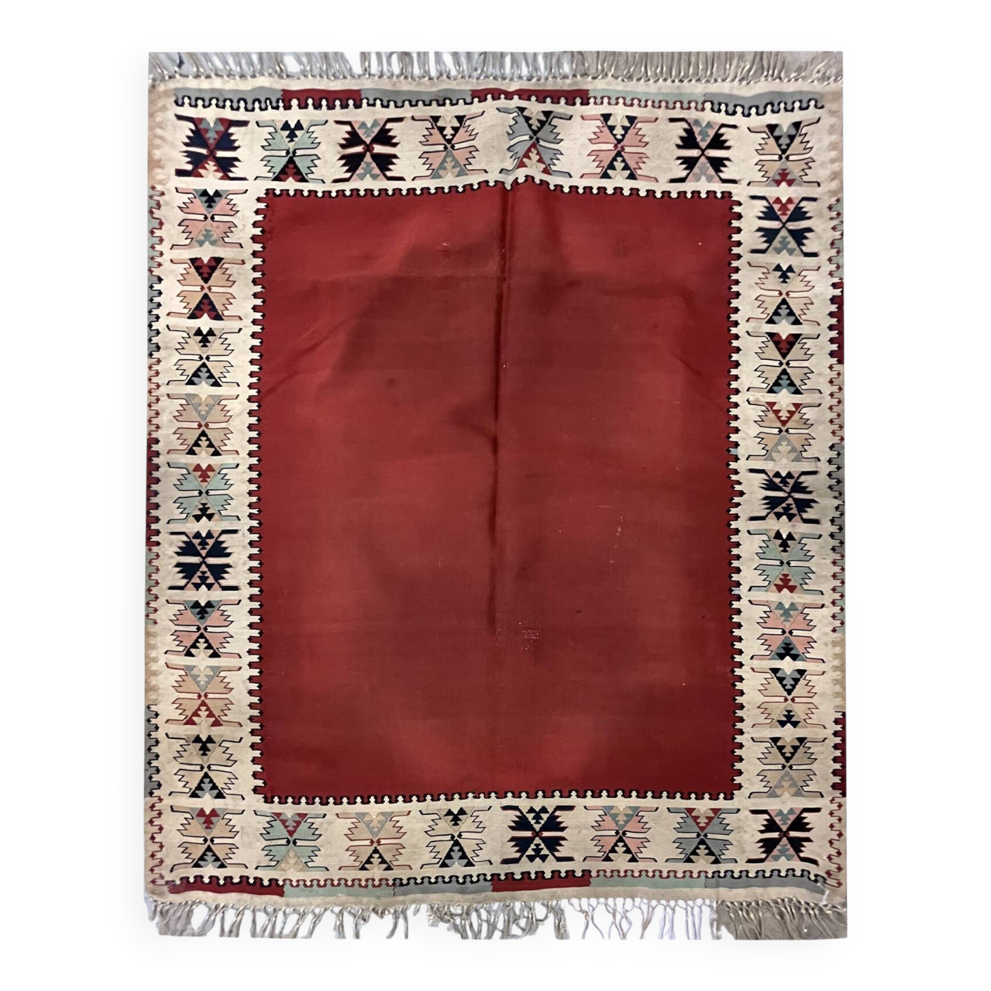Antique 1900s Burgundy Kilim Rug, Square Wool Flatweave Carpet 143 x 161 cm