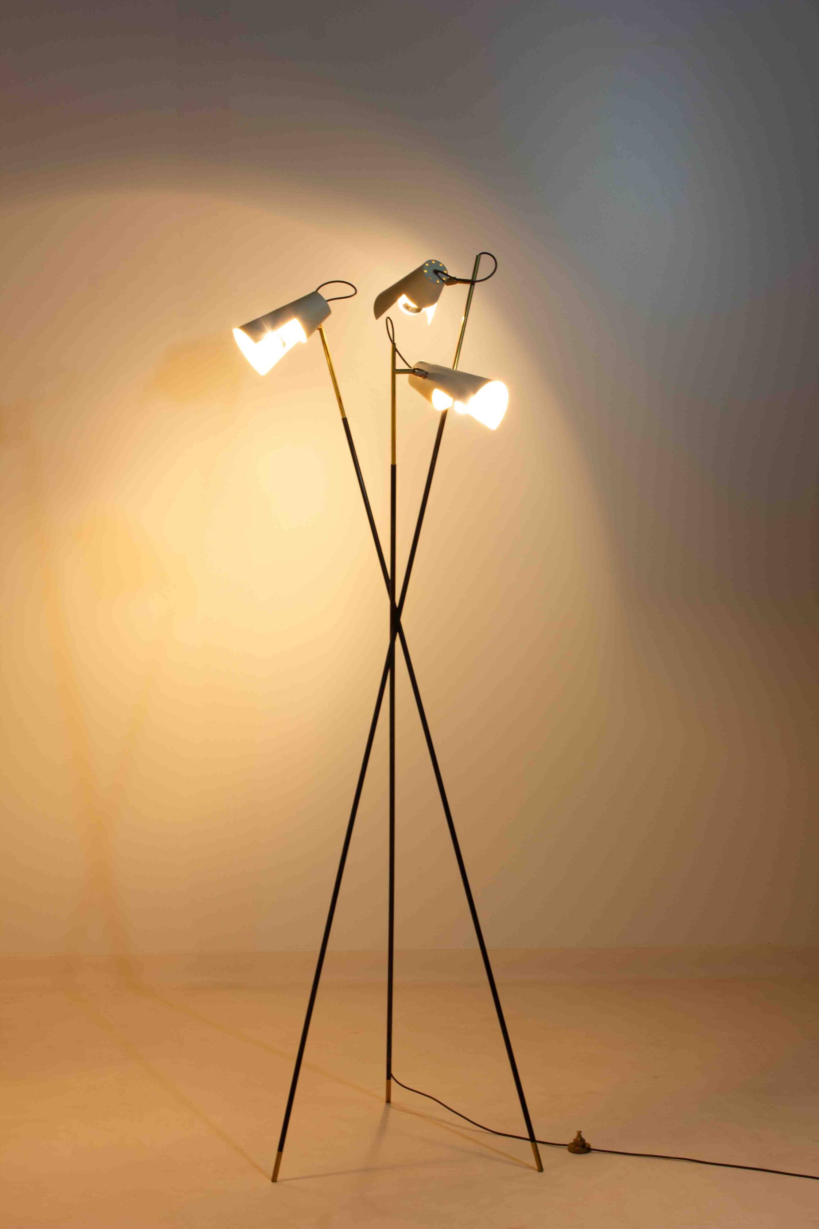 Unique tripod floor lamp by Stilnovo with white shades, Italy 1960s