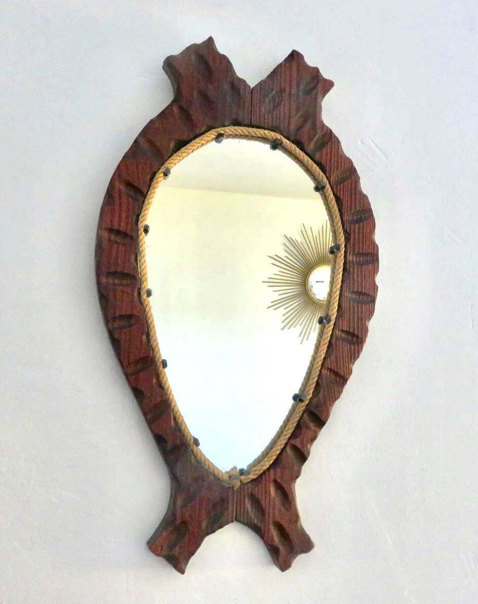 Brutalist mirror in wood and rope, free form.