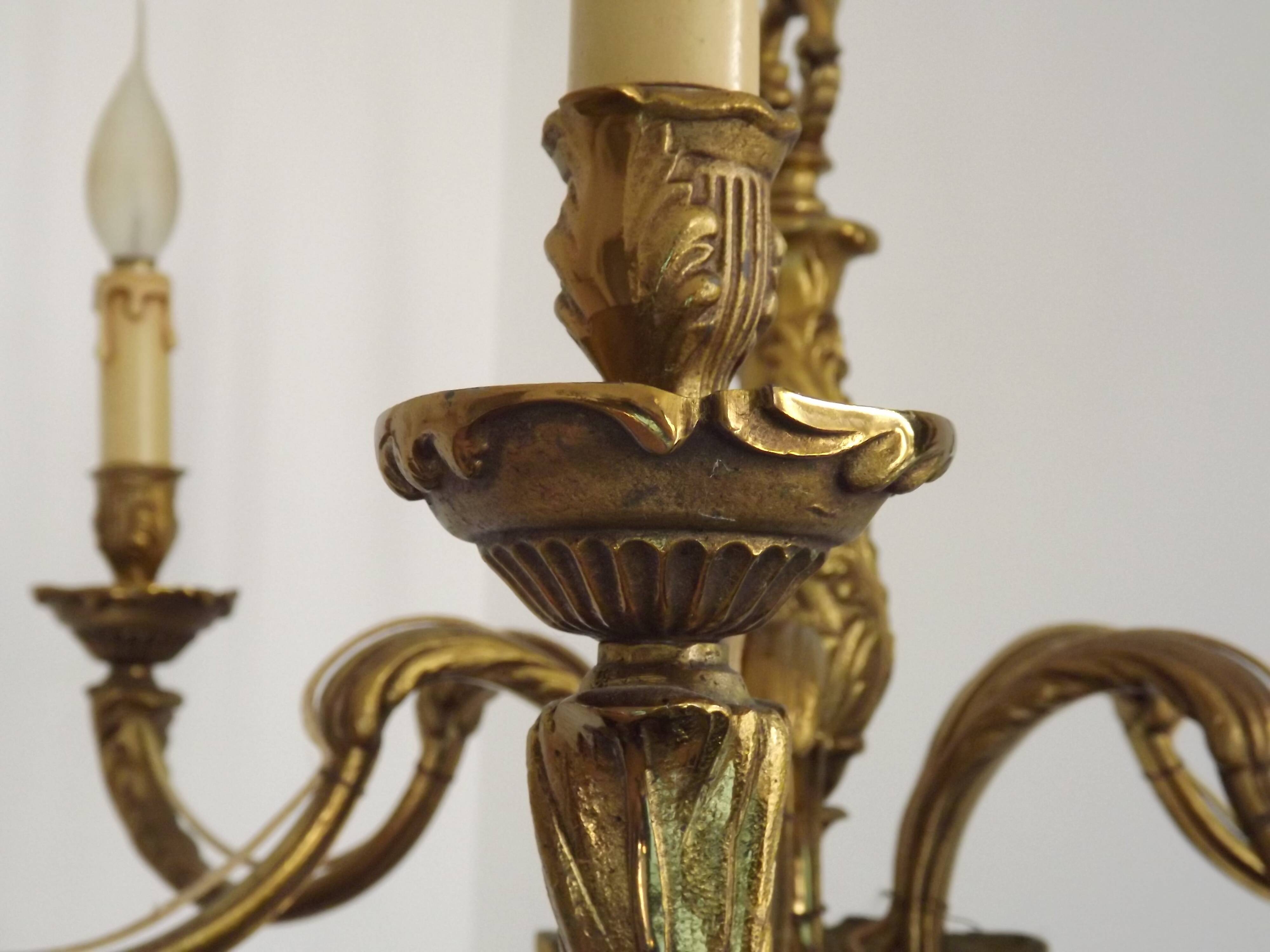 French Art Nouveau Bronze 6 Light Chandelier with Scroll Arms and Leaf Details 5583