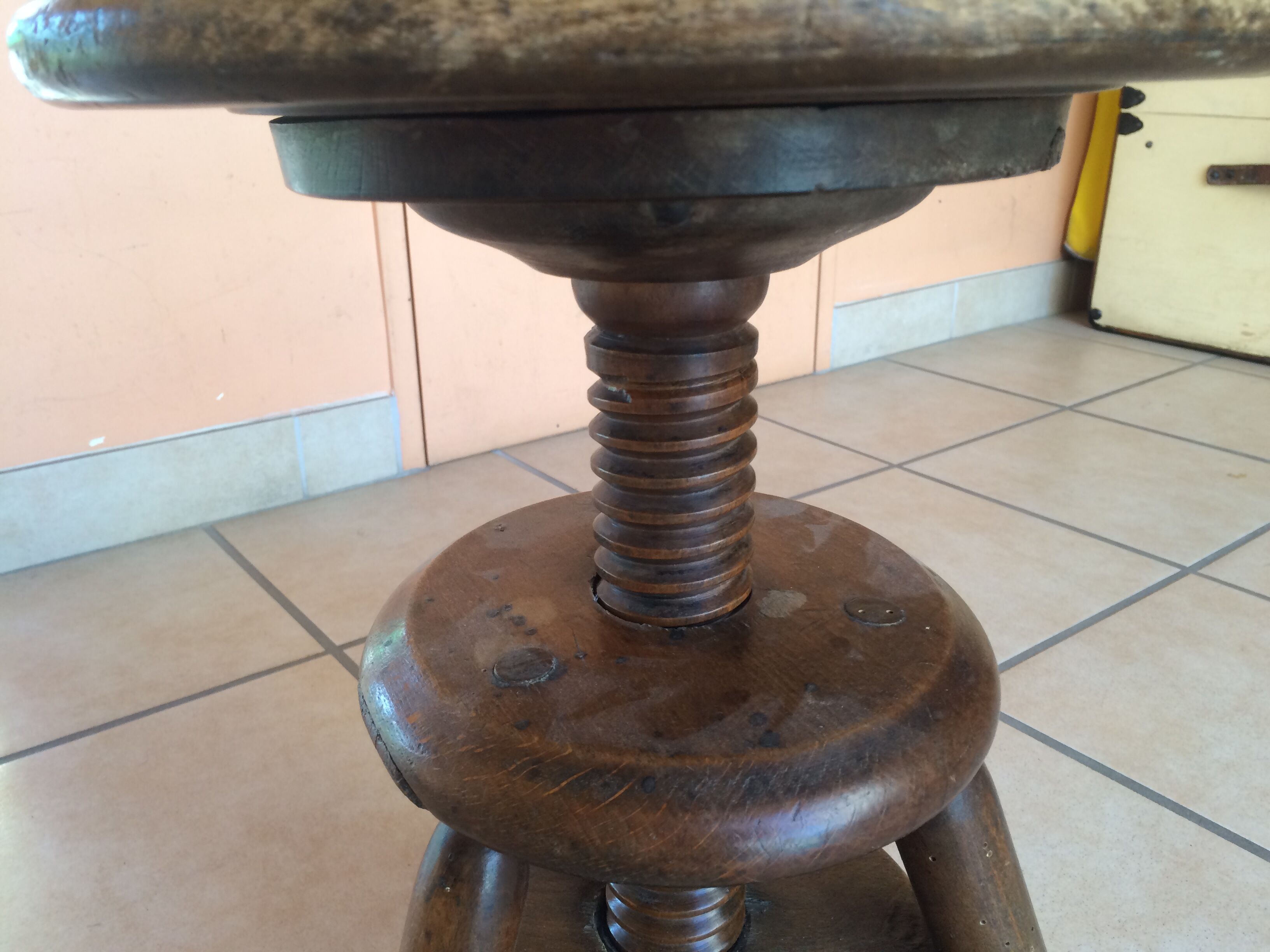 Old solid oak stool adjustable in height 50