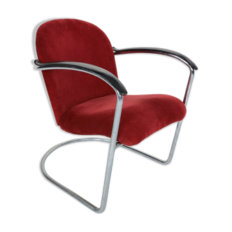 Gispen M-414 Chrome & Red Rib Fabric Armchair by W.H. Gispen, 1935
