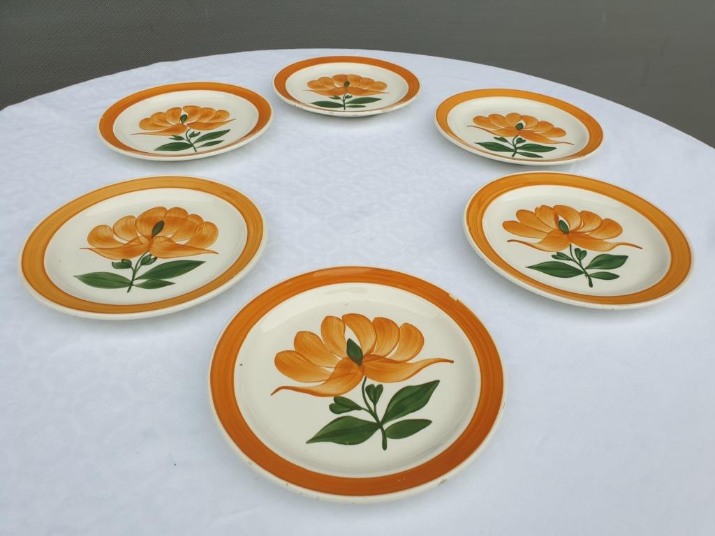 Set 6 plates Gien orange flower 1970 hand-painted decoration