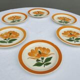 Set 6 plates Gien orange flower 1970 hand-painted decoration