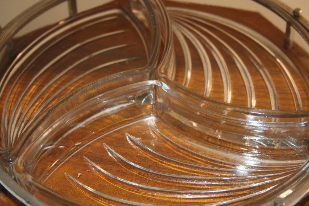 Tray handles chrome 3-compartment glass deco art wood