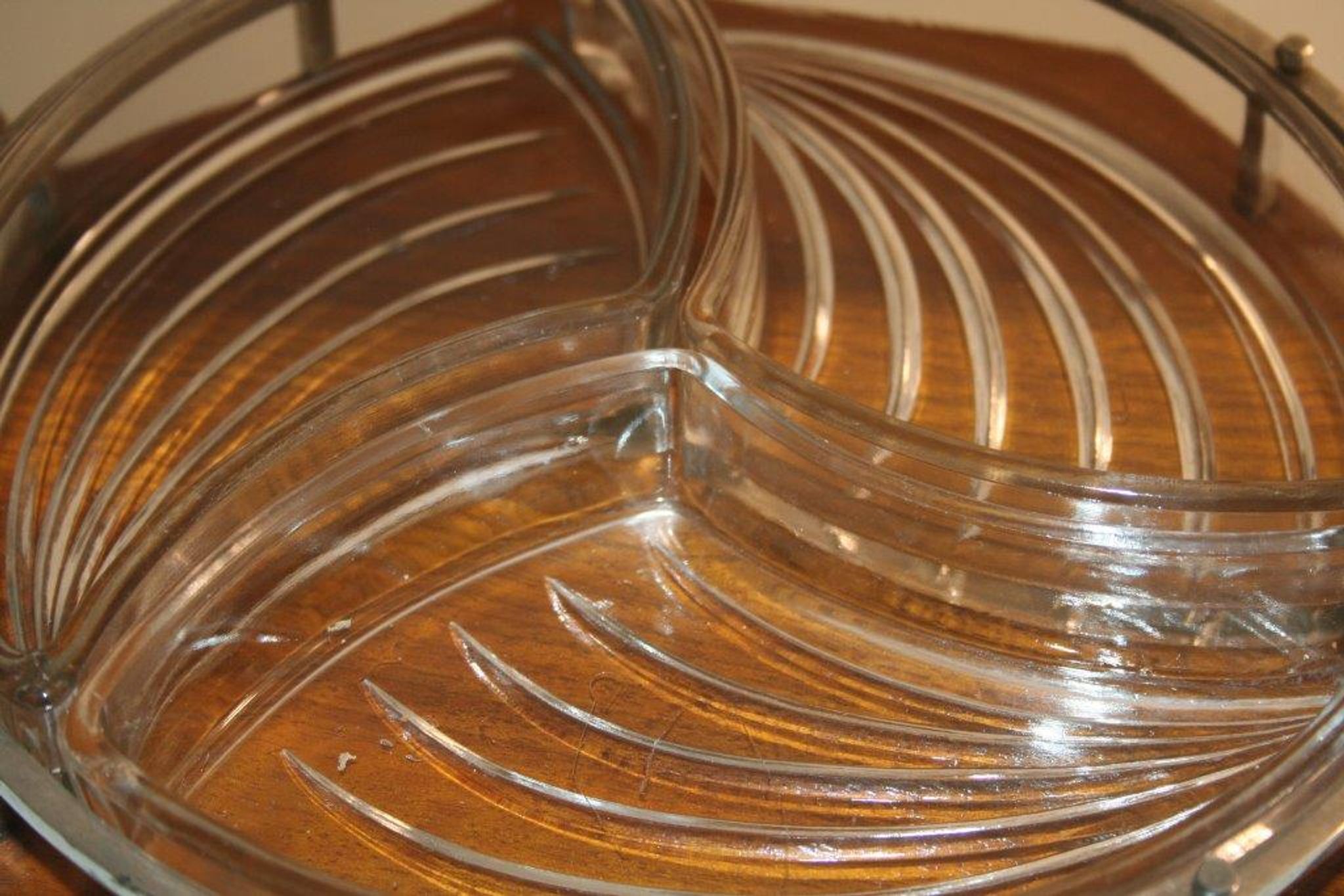 Plateau bois poignées chromées à 3 compartiments verre art déco