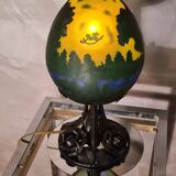 Wrought iron lamp with superb Emile Galle art nouveau lampshade, acid-free in multi-layer
