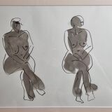 Dessin original à l'encre et lavis, encadré, 36 x 45 cm