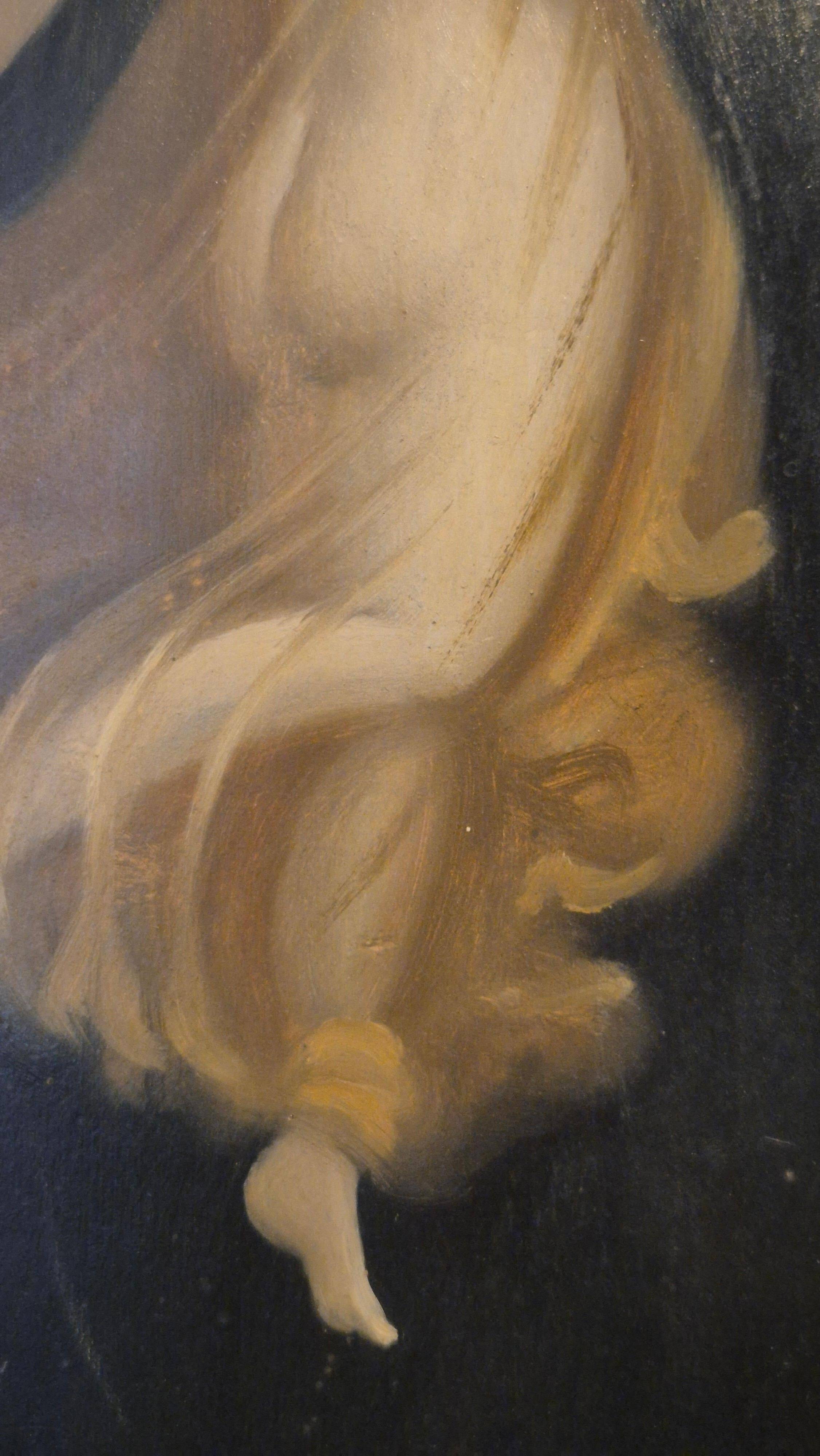 Pair of oil paintings in the neoclassical style depicting dancing nymphs dressed in transparent gowns, dating from the mid-19th century.