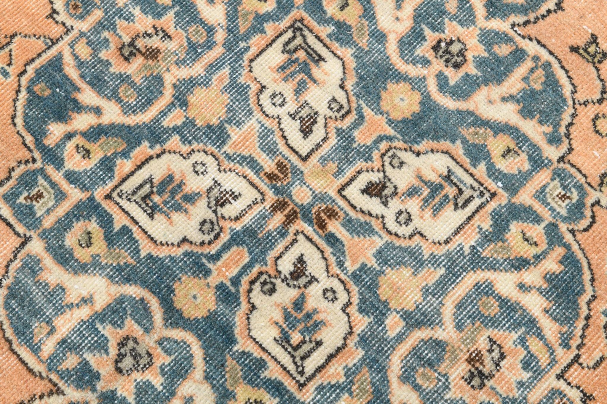 Vintage Peach Oriental Rug, Faded Petrol Blue Border, Soft Handmade Carpet