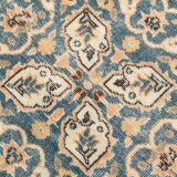 Vintage Peach Oriental Rug, Faded Petrol Blue Border, Soft Handmade Carpet