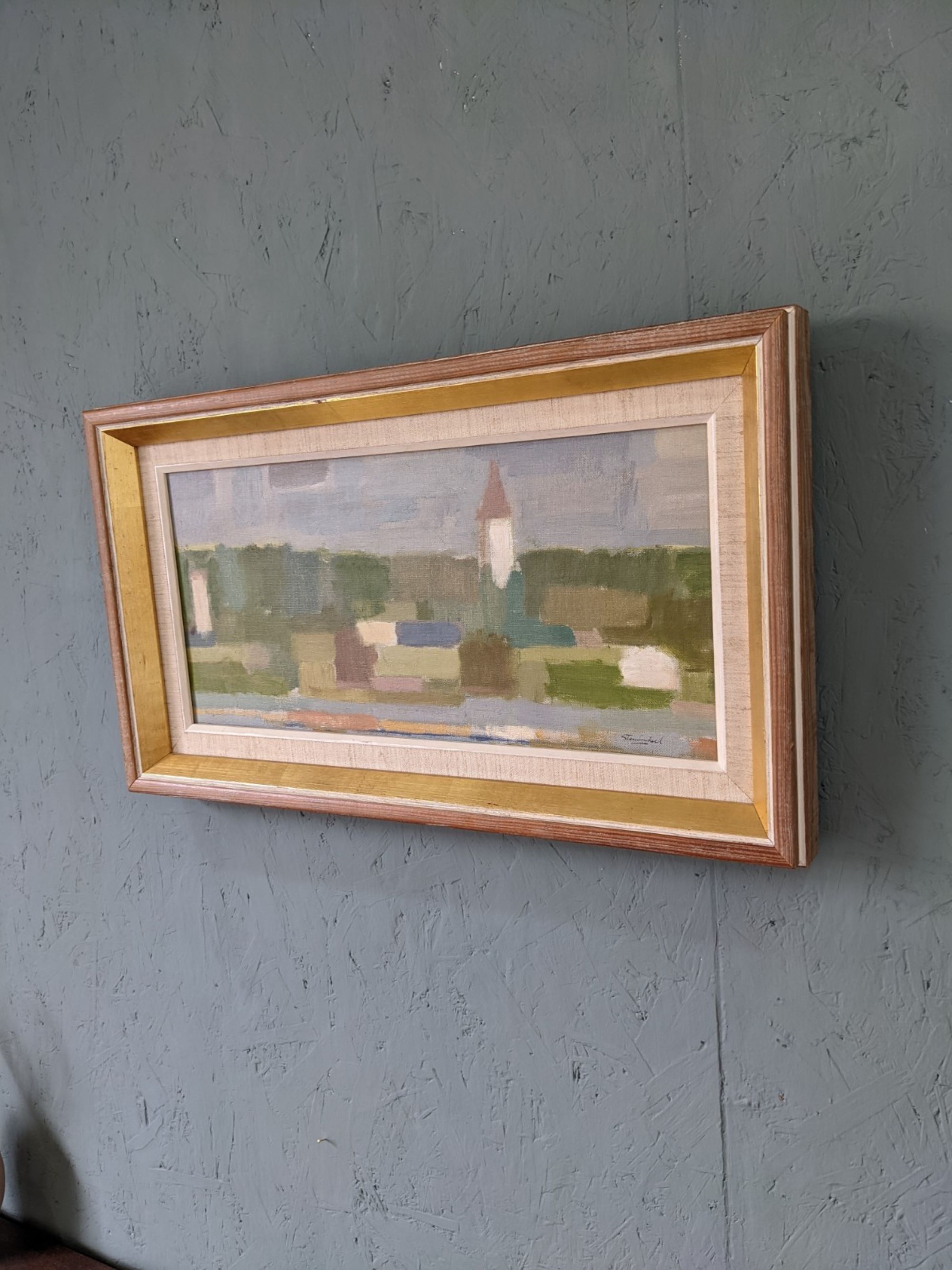 Mid-Century Modern Swedish "Houses by Nature" Vintage Landscape Oil Painting, Framed