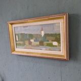 Mid-Century Modern Swedish "Houses by Nature" Vintage Landscape Oil Painting, Framed