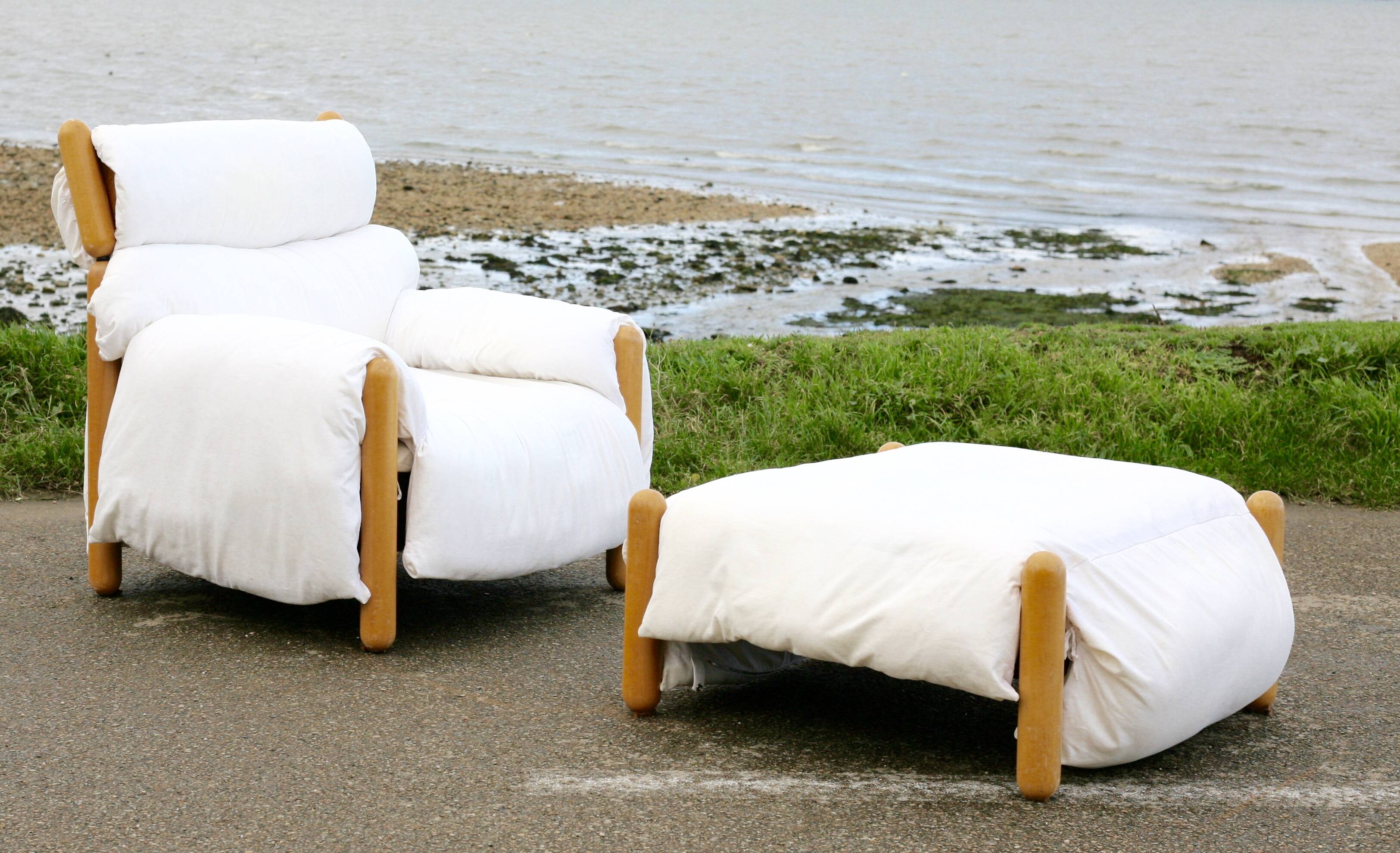 Enzo Mari, Gamba di Legno armchair and ottoman, Driade, Italy, 1976