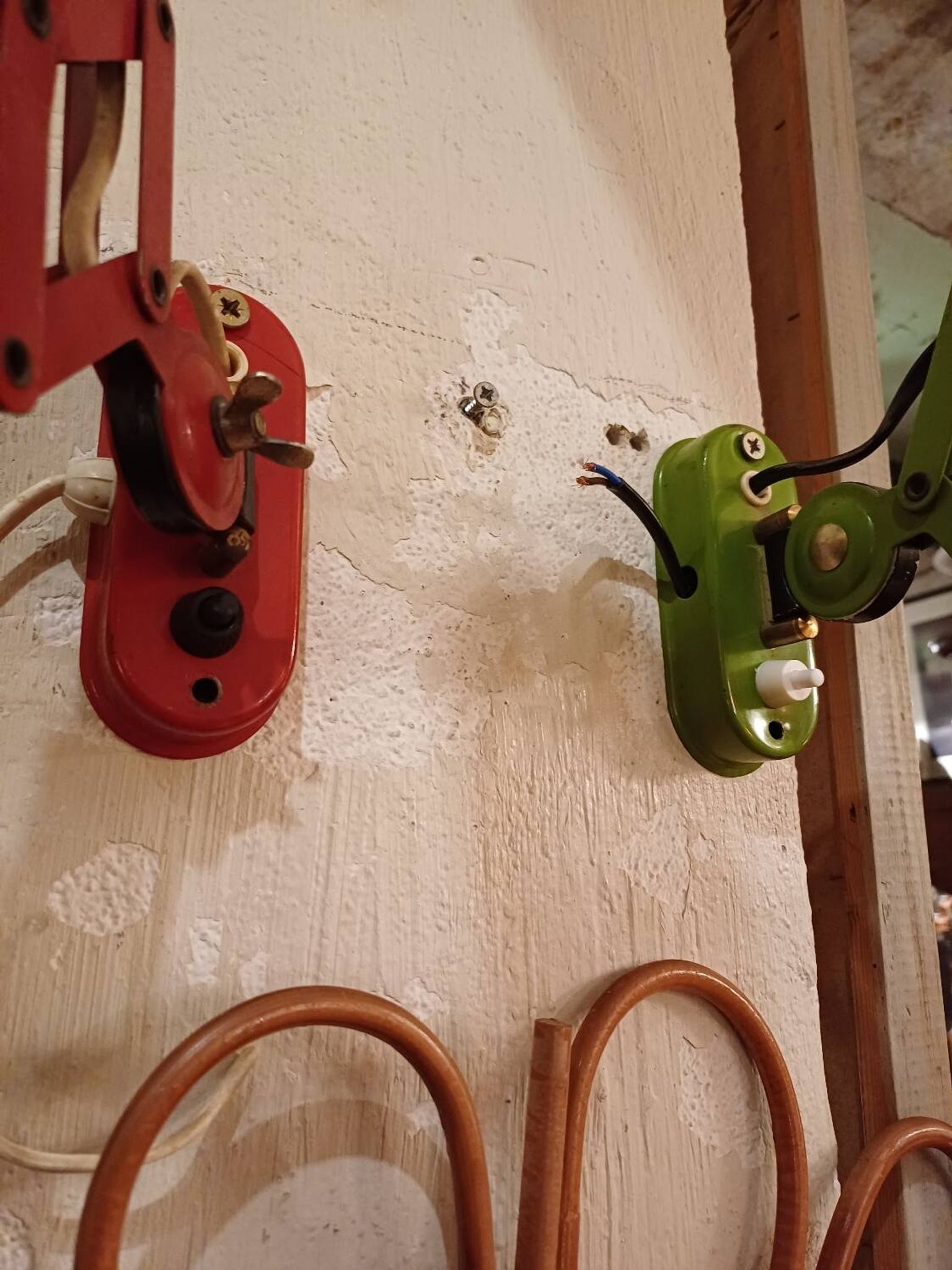 Pair of red and green Hala Zeist wall lights Dutch design 1960