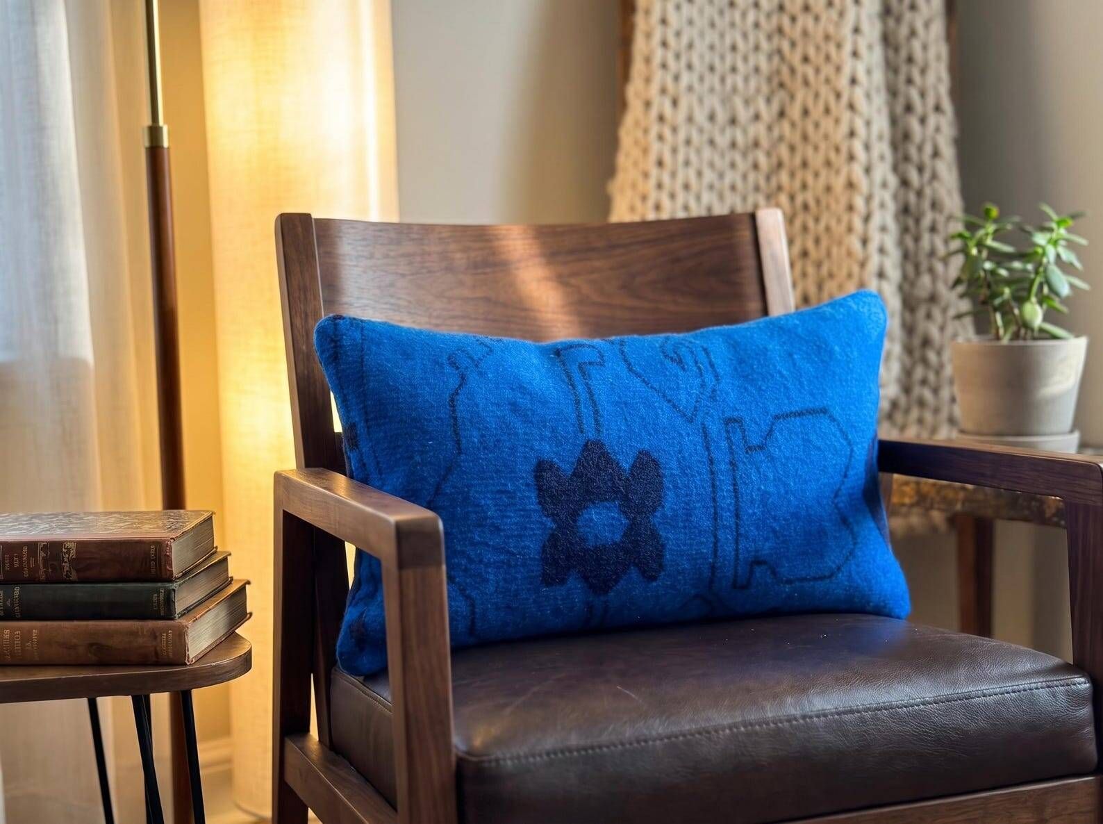 Vintage Wool Lumbar Pillow, Geometric Tribal Navy Cushion 12x20