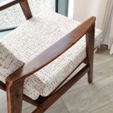 Vintage Danish boucle armchair with orange polka dots from the 1960s.