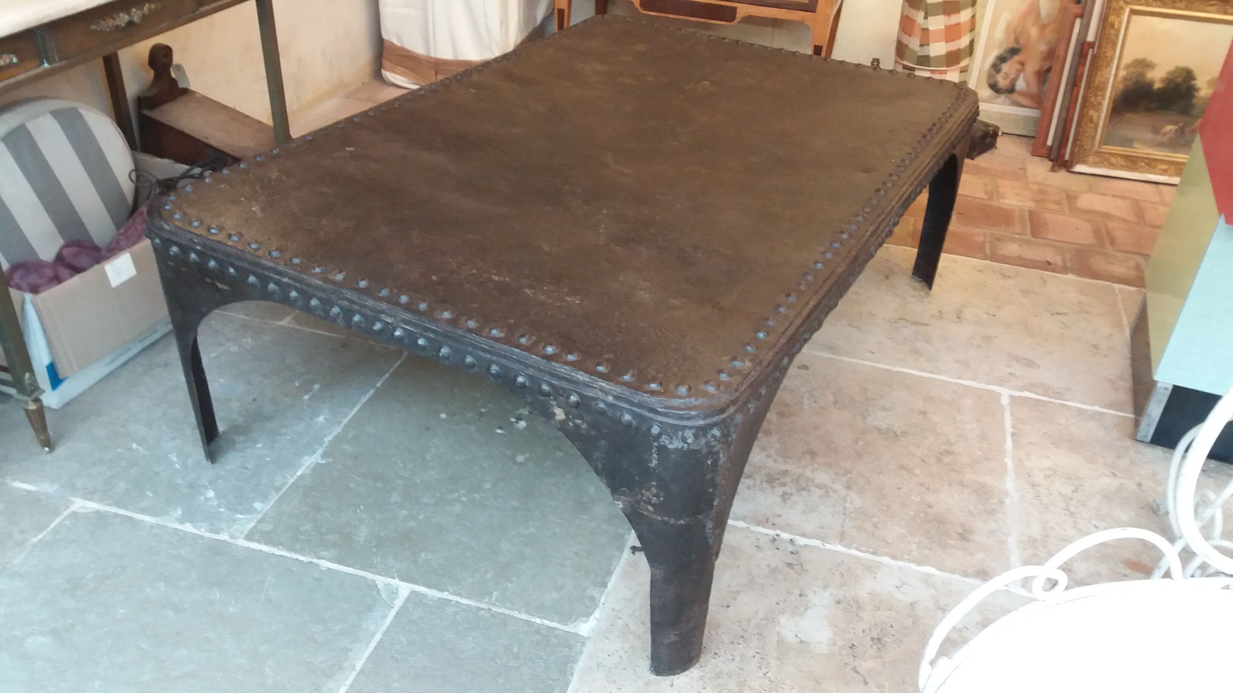 Riveted iron coffee table.