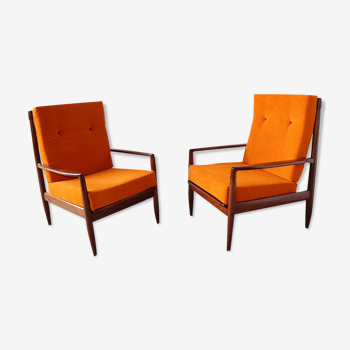 Pair of Scandinavian armchairs in teak and fabric 1960