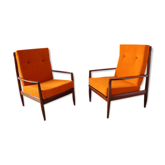Pair of Scandinavian armchairs in teak and fabric 1960