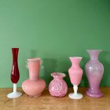 Set of 5 antique vases/soliflores in opaline and pink and red glass.